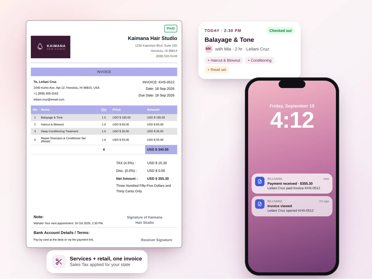 Beauty wellness invoicing app