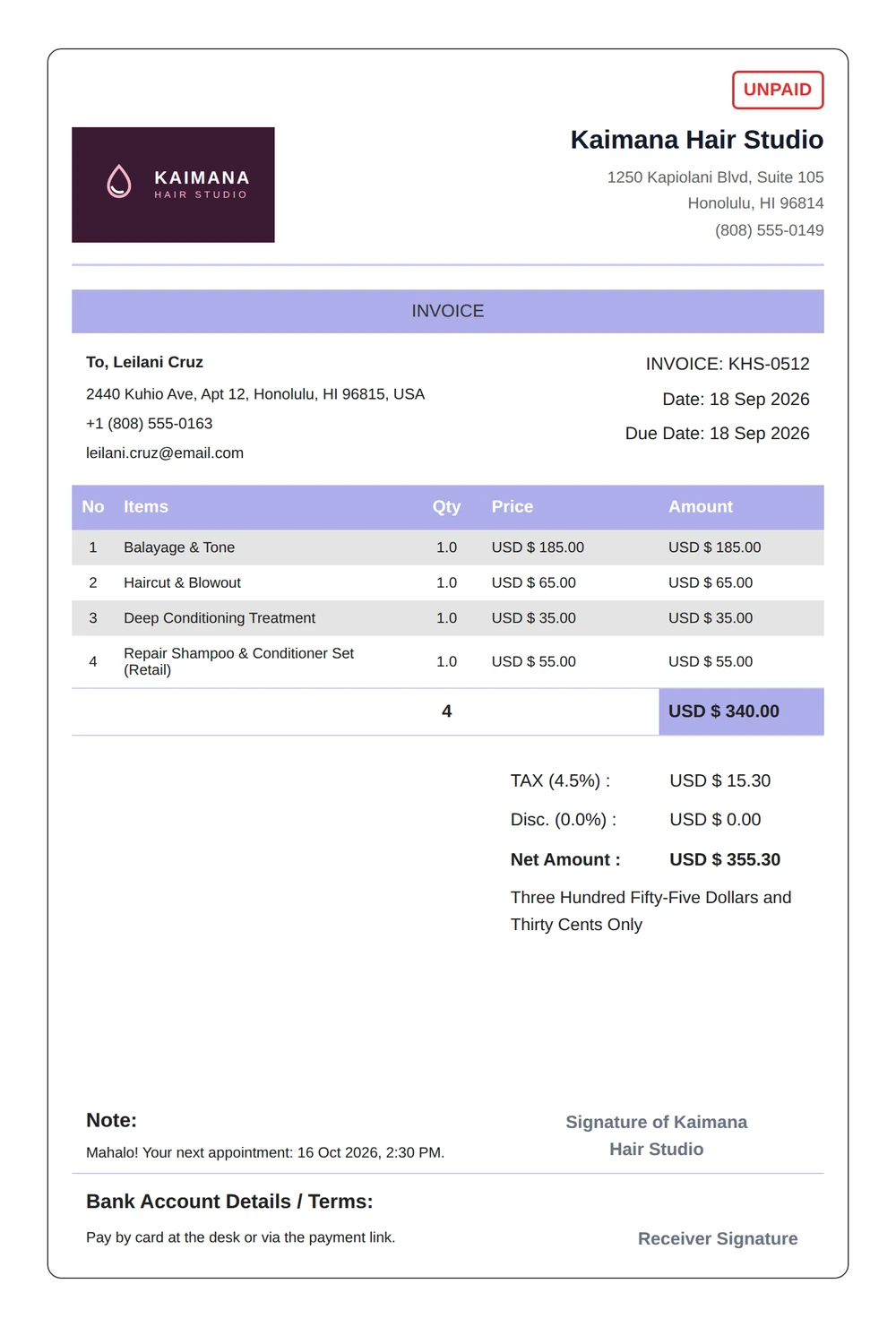 Beauty wellness sample salon invoice
