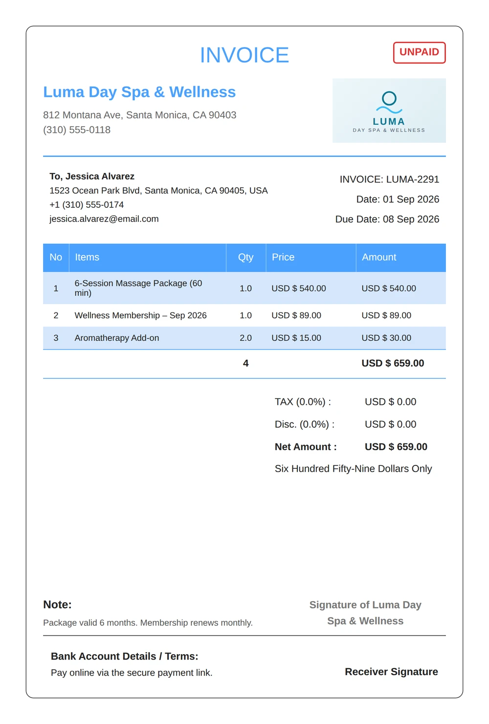 Beauty wellness sample spa package invoice