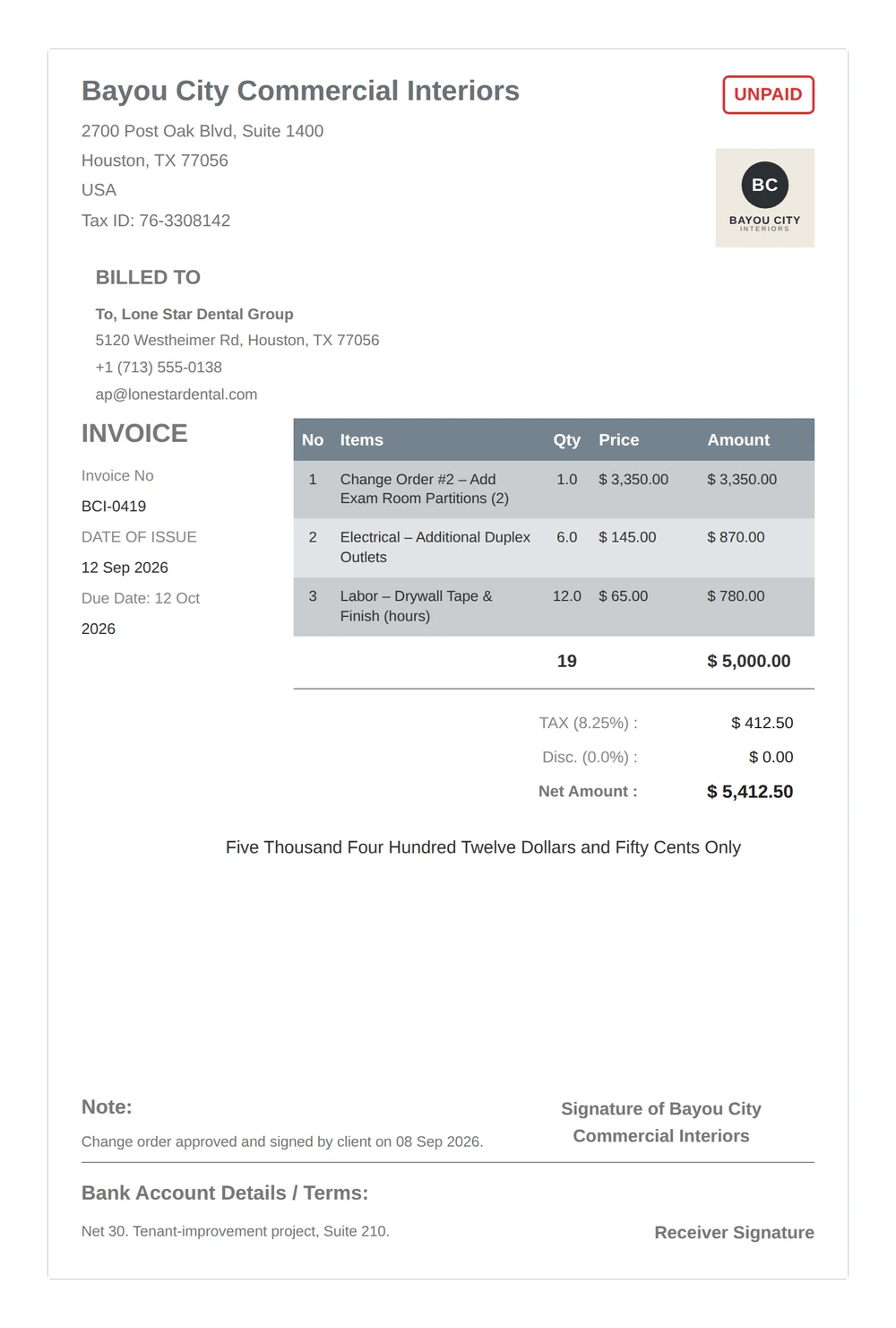 construction sample change order invoice