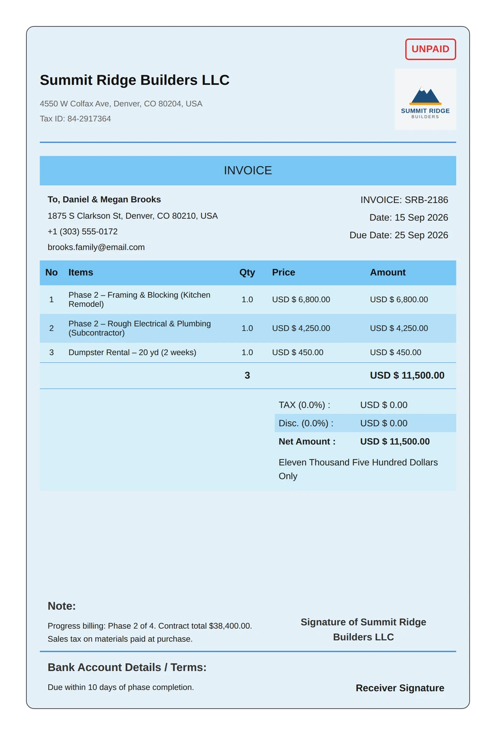 construction sample progress invoice