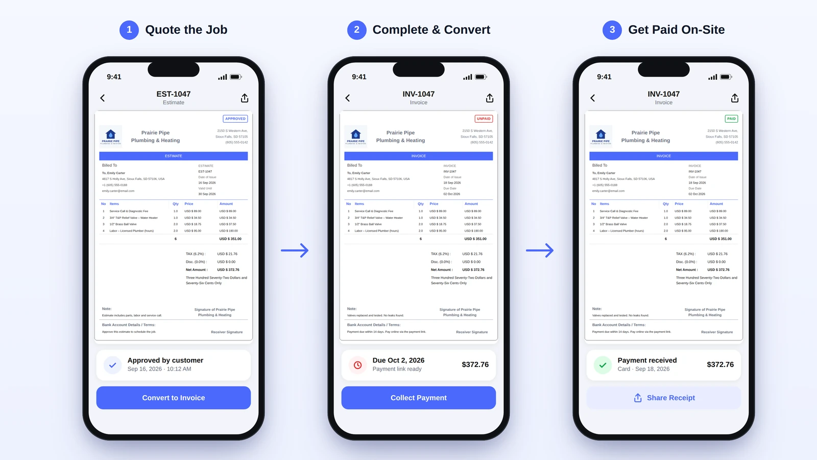 Home services estimate to invoice steps